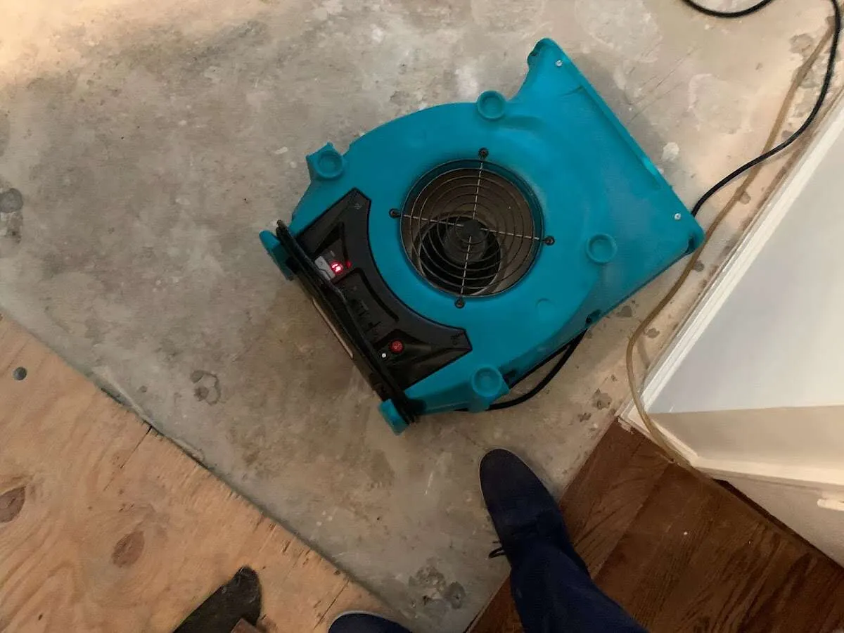 Air mover drying subfloor during Commercial Water Damage Restoration in Toledo